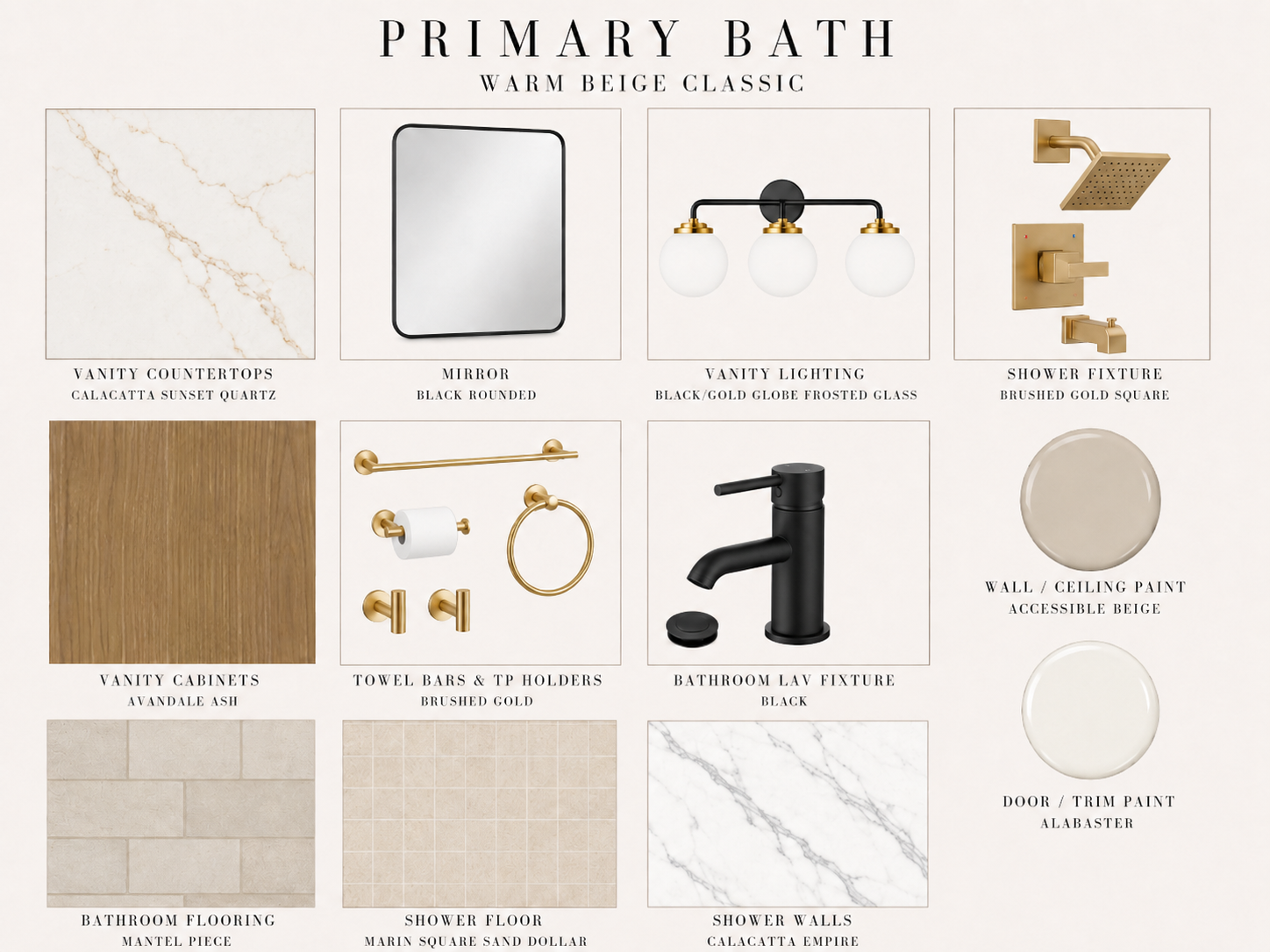 Bathroom finish palette with fixtures and materials