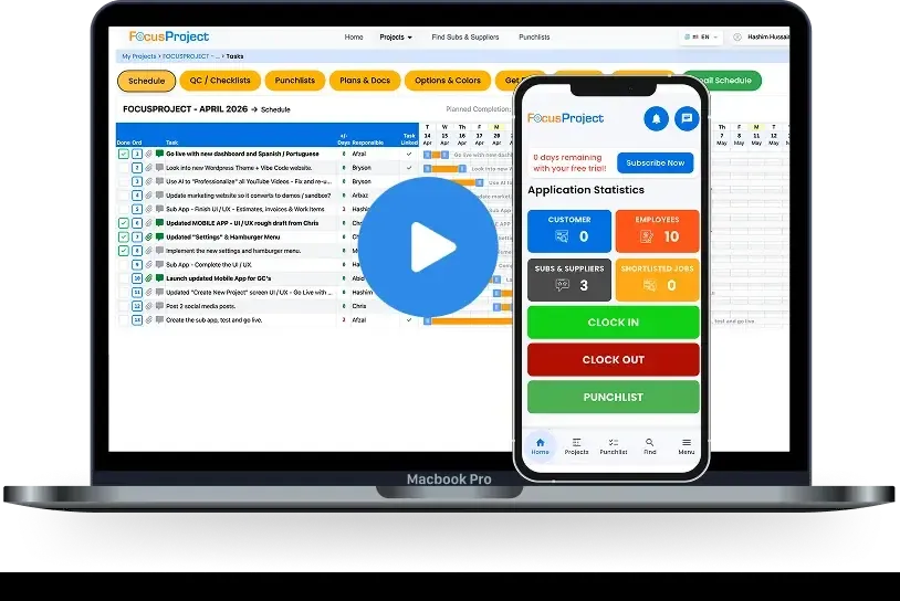 FocusProject construction management software shown on a laptop and phone with a video tour
