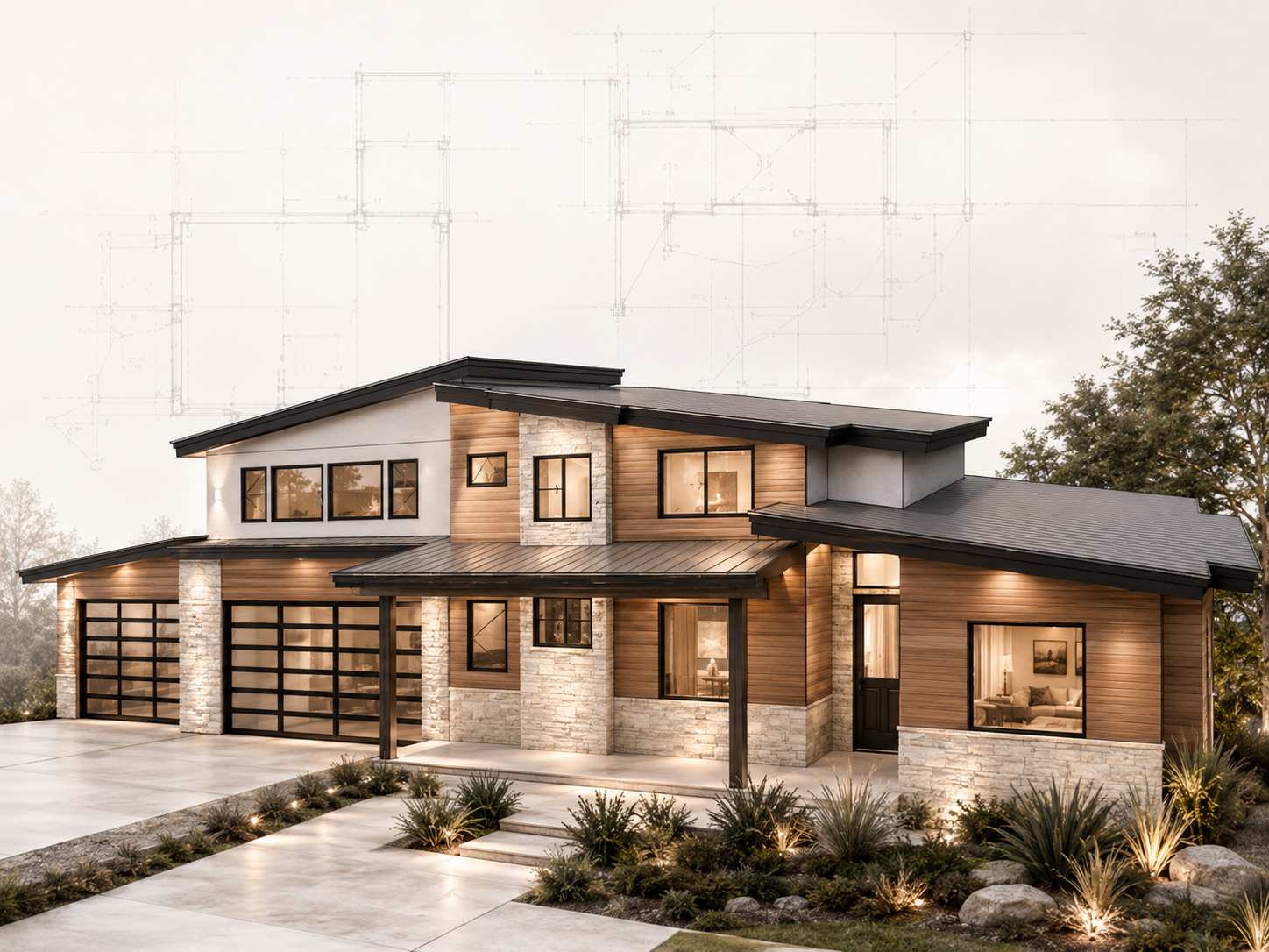 Modern wood, stone and stucco home designed for Focus partner builders