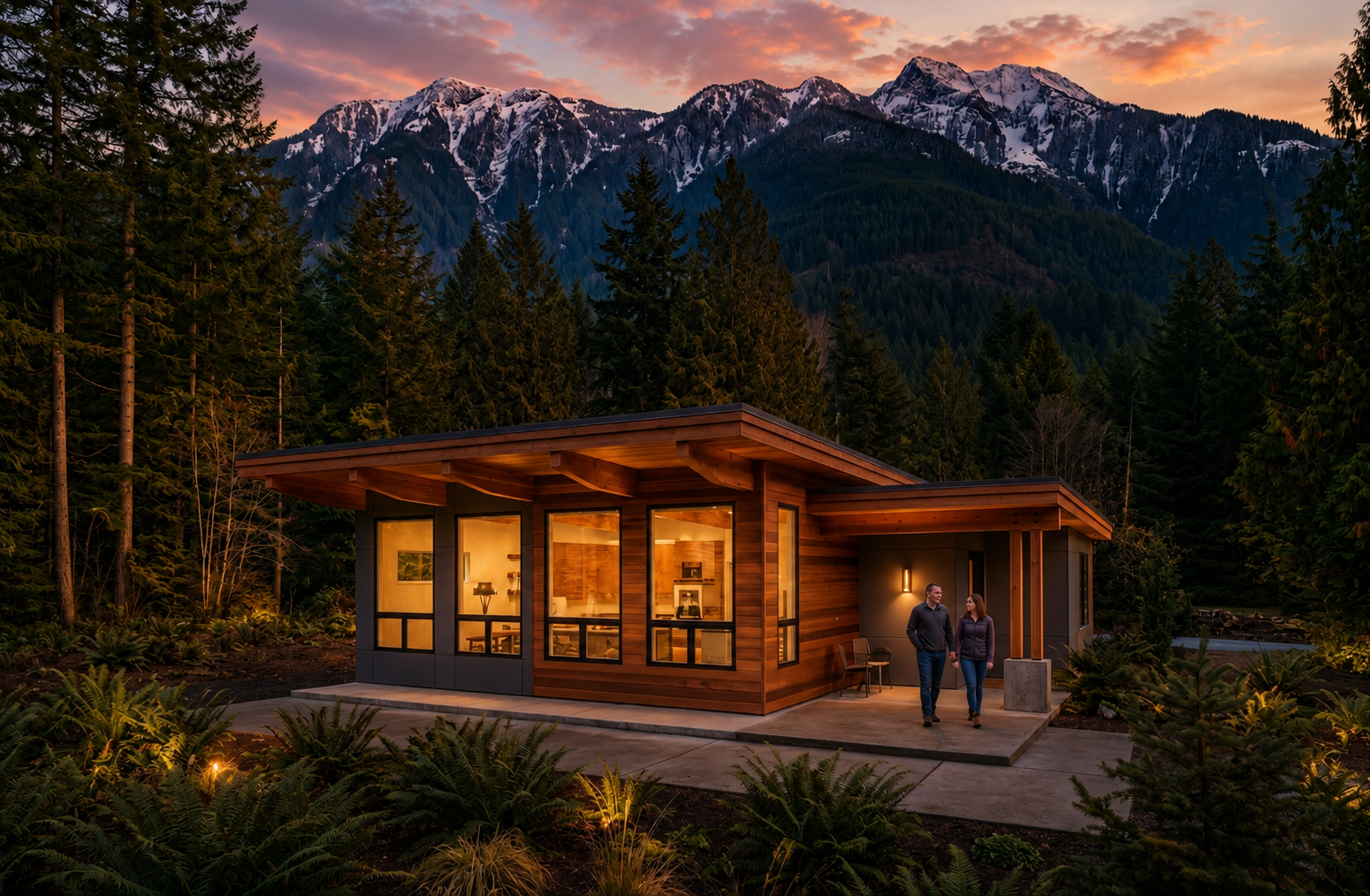 Modern home exterior at sunset