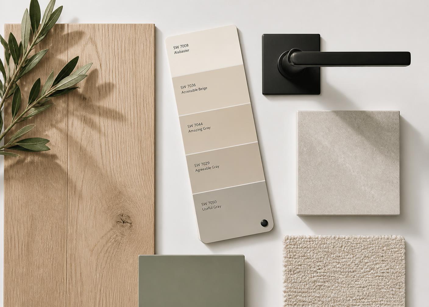 Flat lay of flooring, paint chips, hardware and tile samples