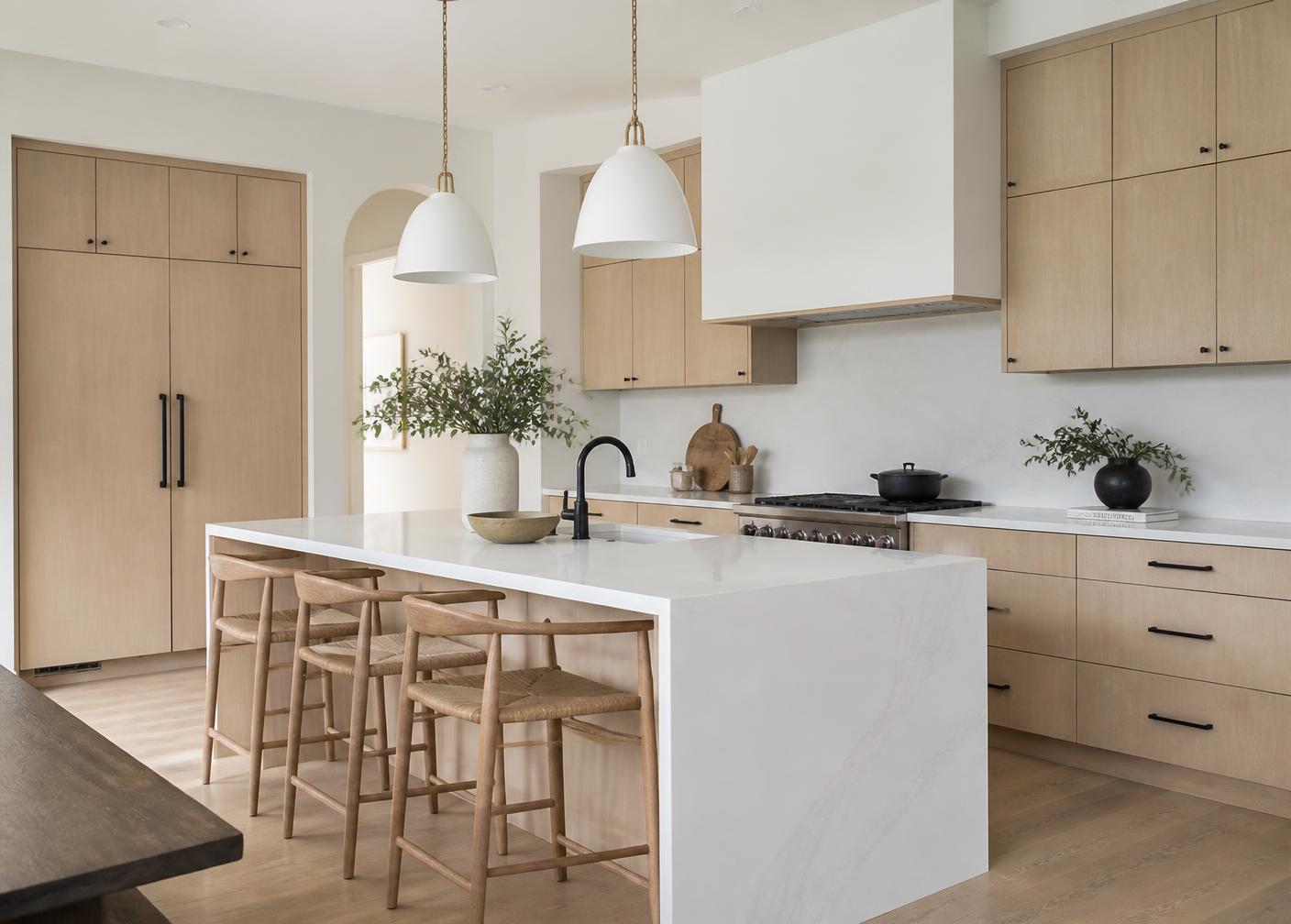 Bright minimal kitchen with white oak cabinetry and quartz island
